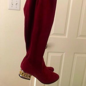 Red knee high boots